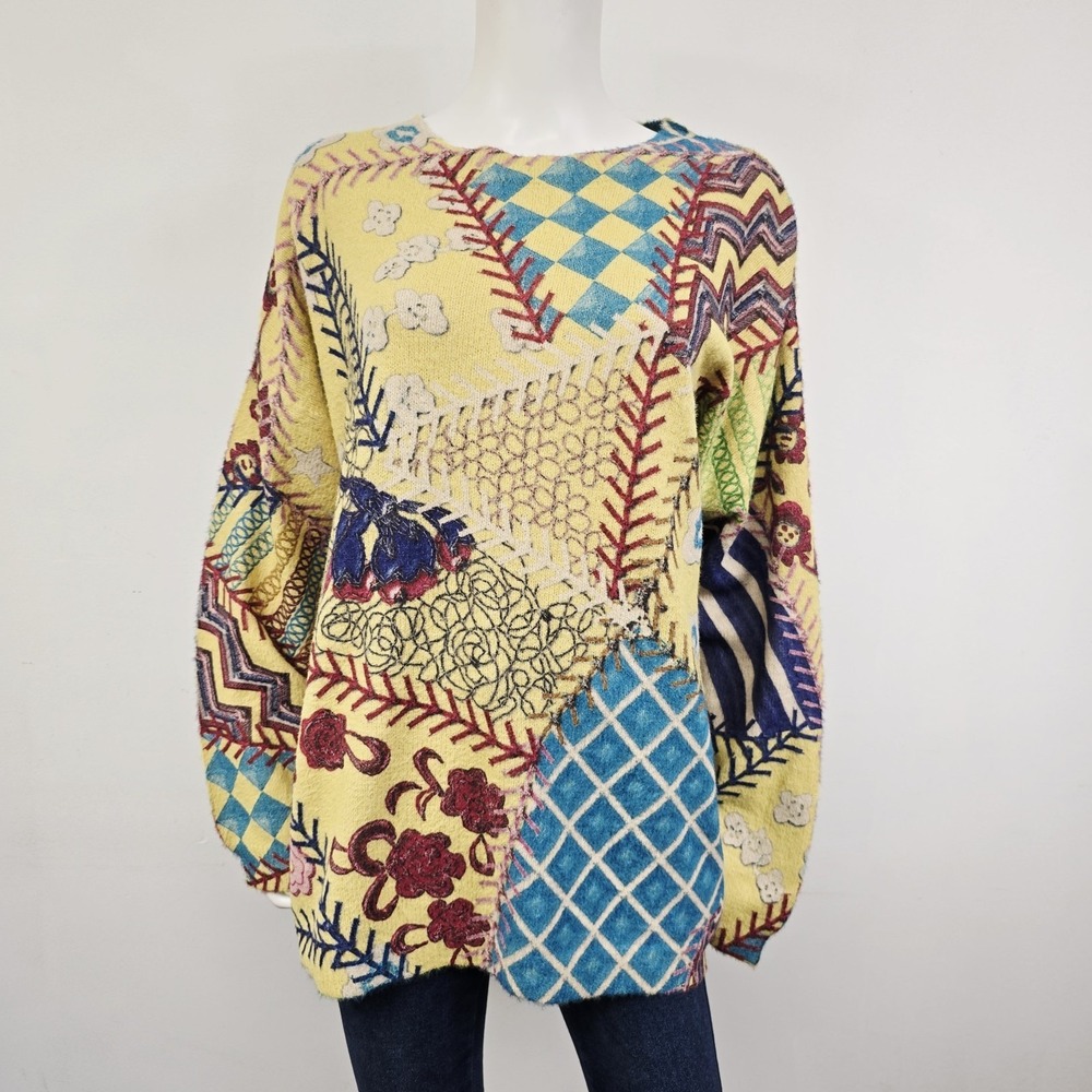 Unbranded Faux Patchwork Pullover Sweater All Over Print Womens Size 2XL Artsy